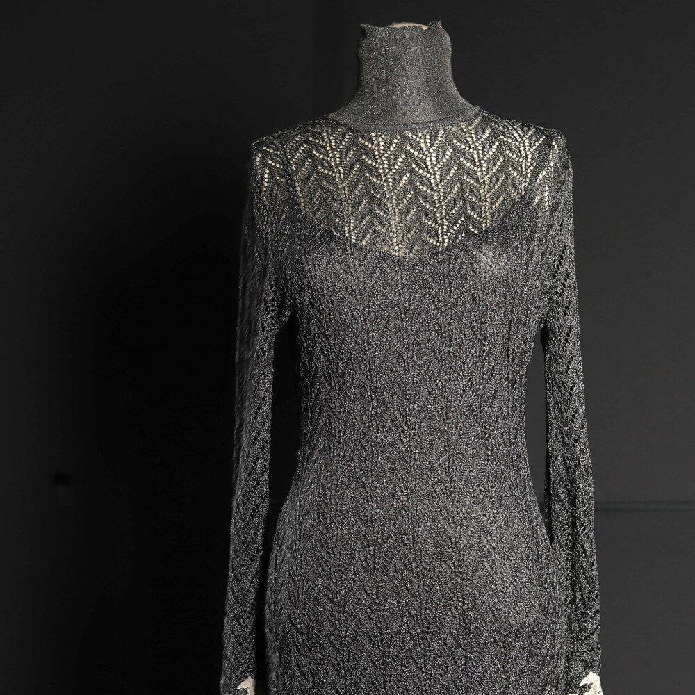 FW 1998 Slinky Rare Christian Dior | John Galliano Silver Knit Dress w/Lace Trim
